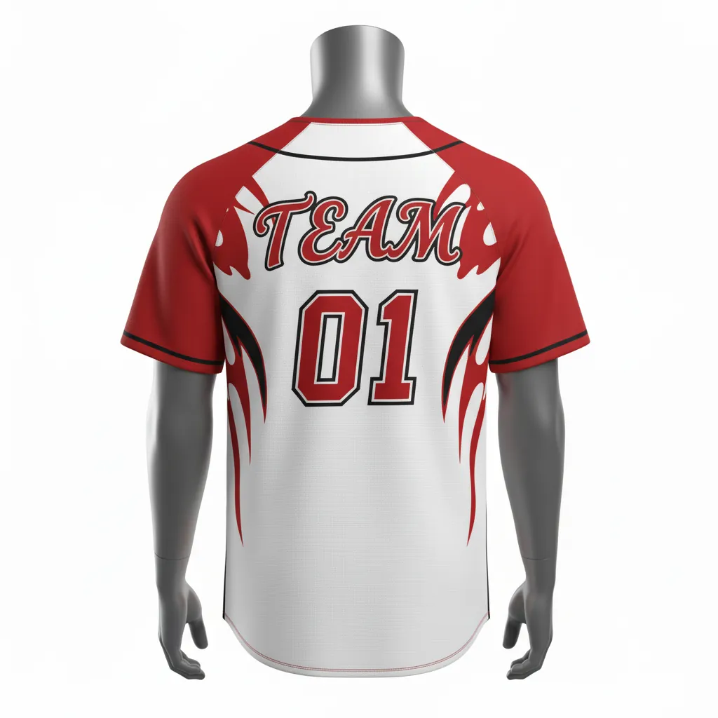 Custom Baseball Round Neck Baseball Jersey - White, Red, Black - Roundneck Fire Flame Pattern Script - Back View - Kinexa Sportswear