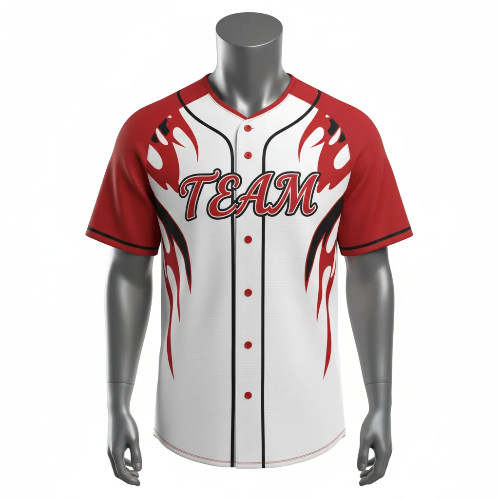 Custom Baseball Round Neck Baseball Jersey - White, Red, Black - Roundneck Fire Flame Pattern Script - Front View - Kinexa Sportswear
