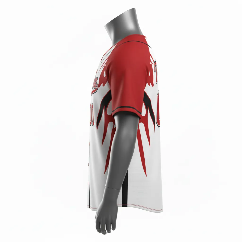 Custom Baseball Round Neck Baseball Jersey - White, Red, Black - Roundneck Fire Flame Pattern Script - Side View - Kinexa Sportswear