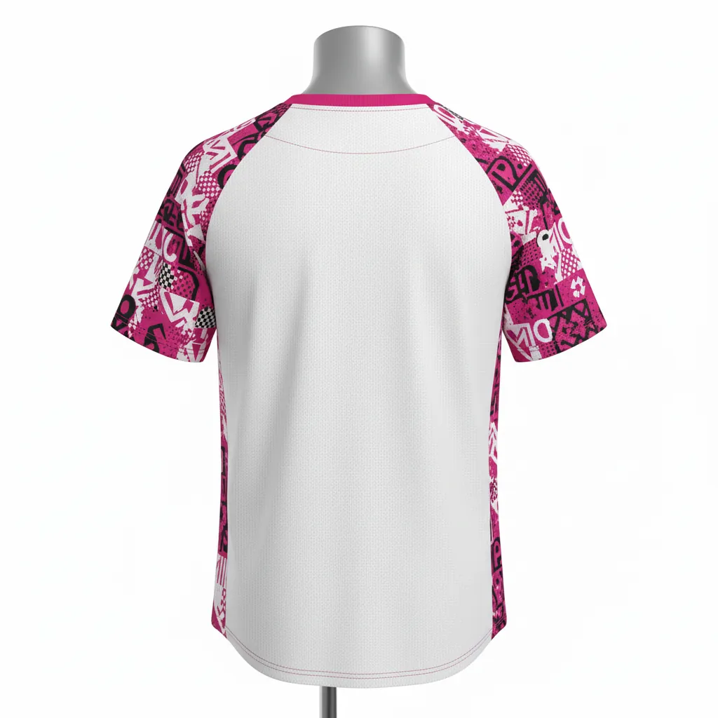 Custom Baseball Round Neck Baseball Jersey - White, Black - Roundneck Fuchsia Modern Pop Script - Back View - Kinexa Sportswear