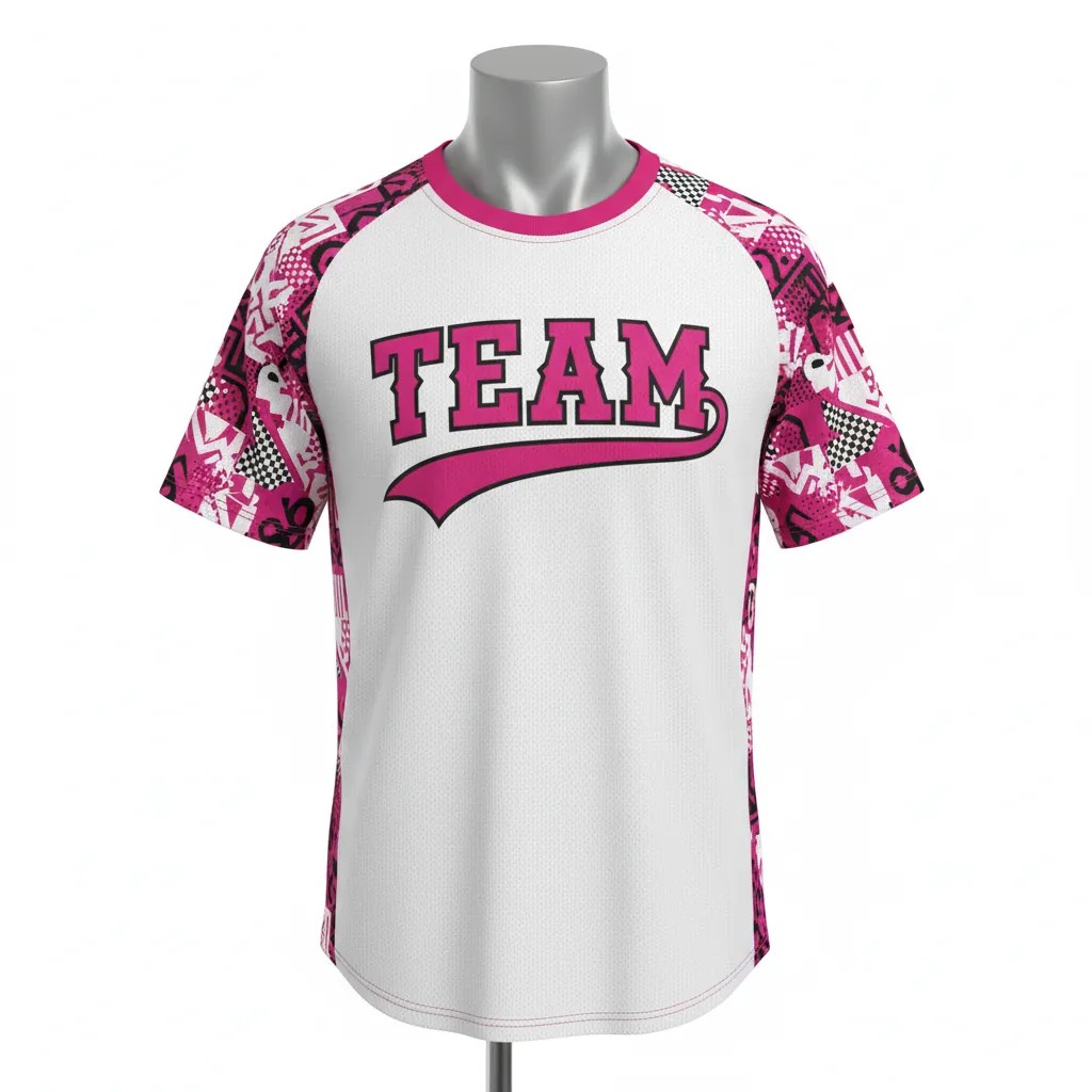 Custom Baseball Round Neck Baseball Jersey - White, Black - Roundneck Fuchsia Modern Pop Script - Front View - Kinexa Sportswear