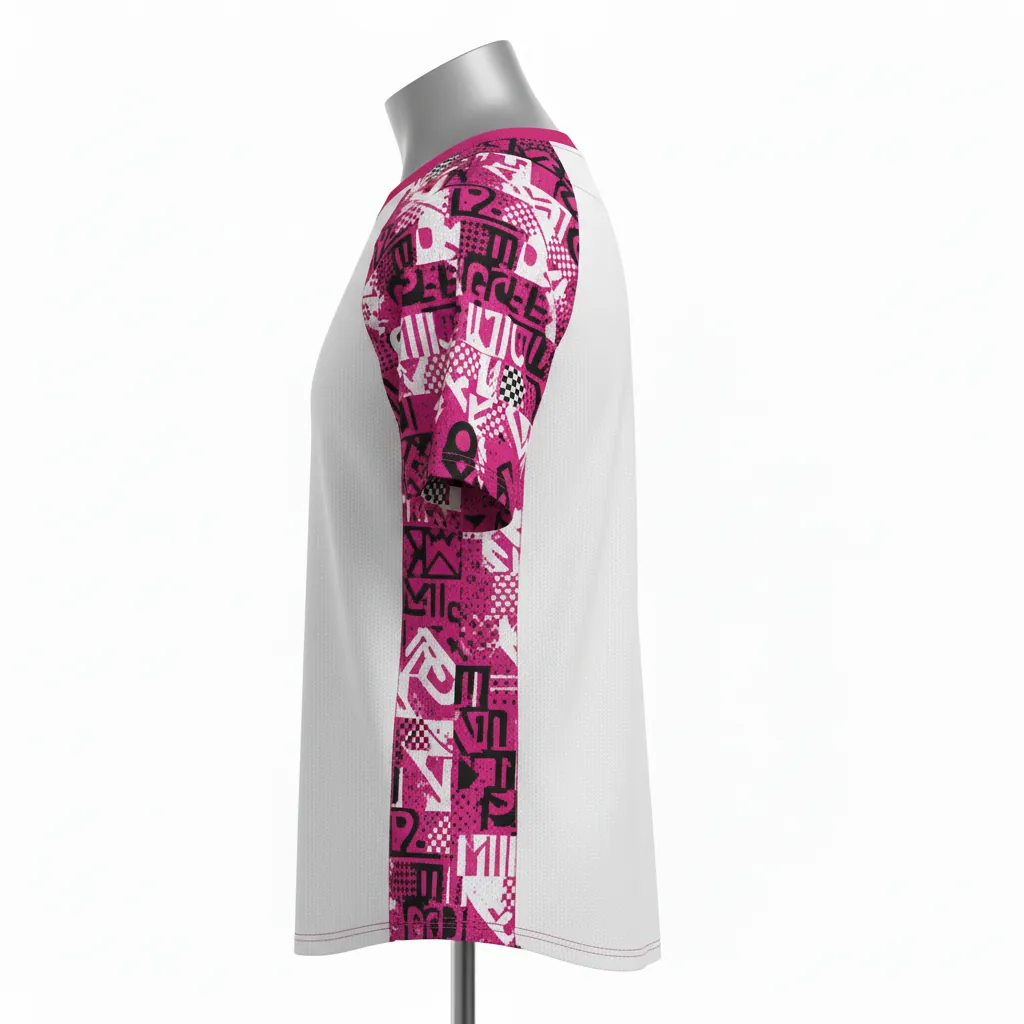 Custom Baseball Round Neck Baseball Jersey - White, Black - Roundneck Fuchsia Modern Pop Script - Side View - Kinexa Sportswear