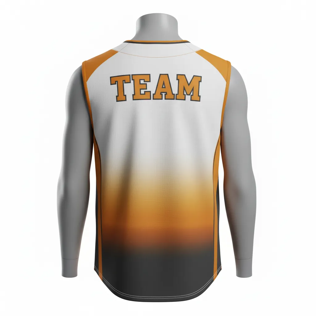 Custom Baseball Sleeveless Baseball Jersey - White - Button Amber Charcoal Sunset Gradient Block - Back View - Kinexa Sportswear