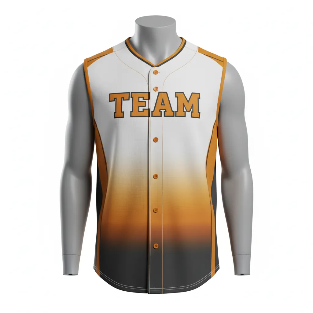 Custom Baseball Sleeveless Baseball Jersey - White - Button Amber Charcoal Sunset Gradient Block - Front View - Kinexa Sportswear
