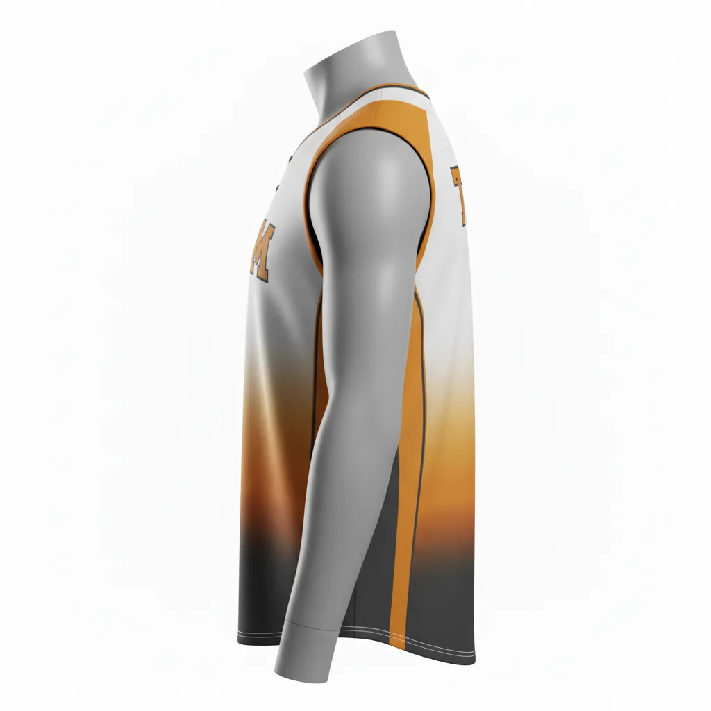 Custom Baseball Sleeveless Baseball Jersey - White - Button Amber Charcoal Sunset Gradient Block - Side View - Kinexa Sportswear