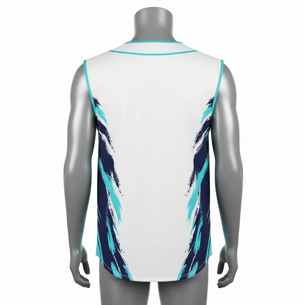 Custom Baseball Sleeveless Baseball Jersey - White, Navy - Button Aqua Wave Flow Script - Back View - Kinexa Sportswear