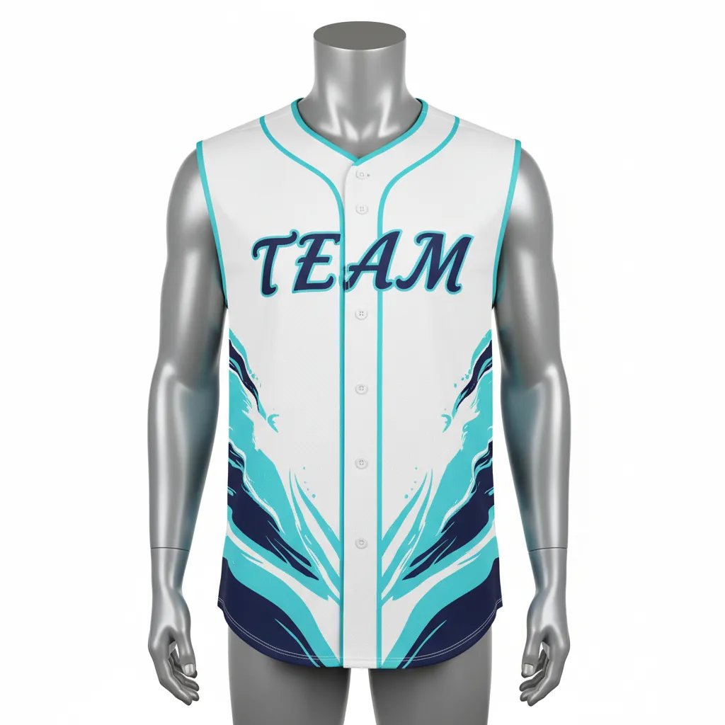 Custom Baseball Sleeveless Baseball Jersey - White, Navy - Button Aqua Wave Flow Script - Front View - Kinexa Sportswear