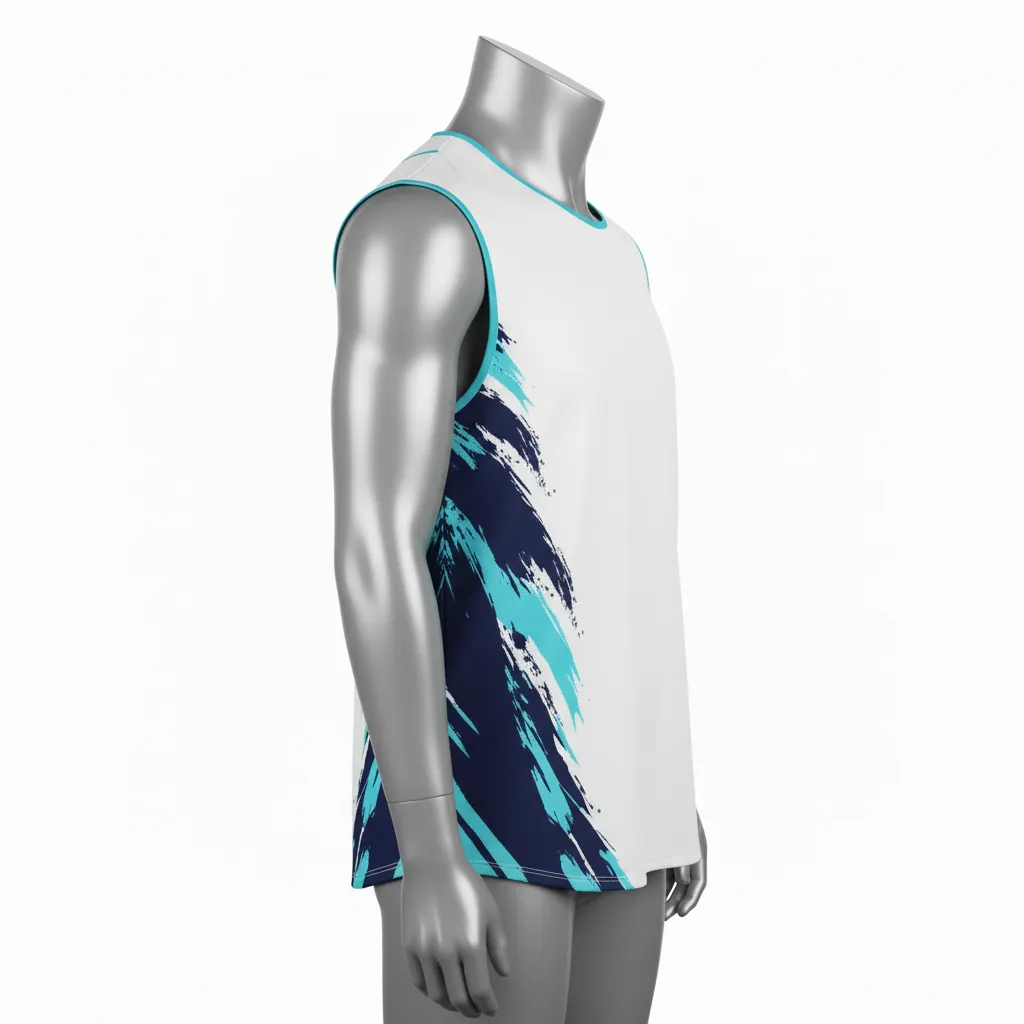 Custom Baseball Sleeveless Baseball Jersey - White, Navy - Button Aqua Wave Flow Script - Side View - Kinexa Sportswear