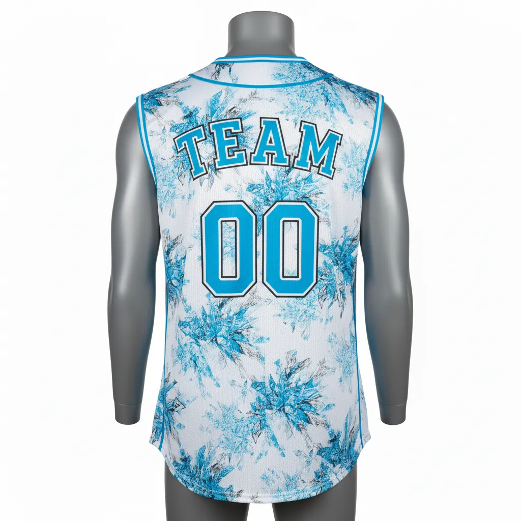 Custom Baseball Sleeveless Baseball Jersey - White, Blue, Silver - Button Arctic Ice Crystal Block - Back View - Kinexa Sportswear