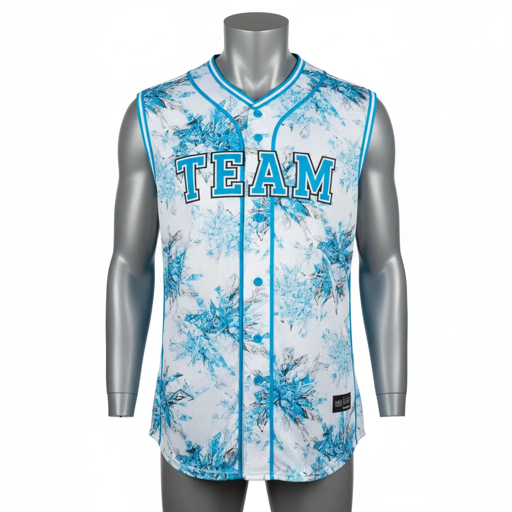 Custom Baseball Sleeveless Baseball Jersey - White, Blue, Silver - Button Arctic Ice Crystal Block - Front View - Kinexa Sportswear