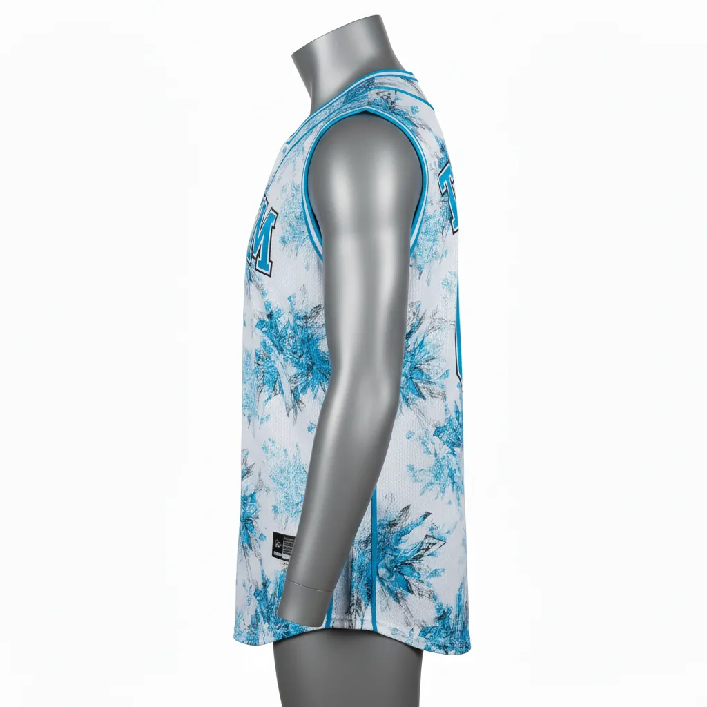Custom Baseball Sleeveless Baseball Jersey - White, Blue, Silver - Button Arctic Ice Crystal Block - Side View - Kinexa Sportswear