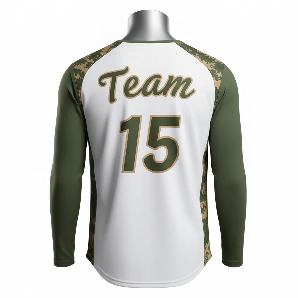 Custom Baseball Sleeveless Baseball Jersey - White, Green - Button Army Tan Camo Pattern Script - Back View - Kinexa Sportswear