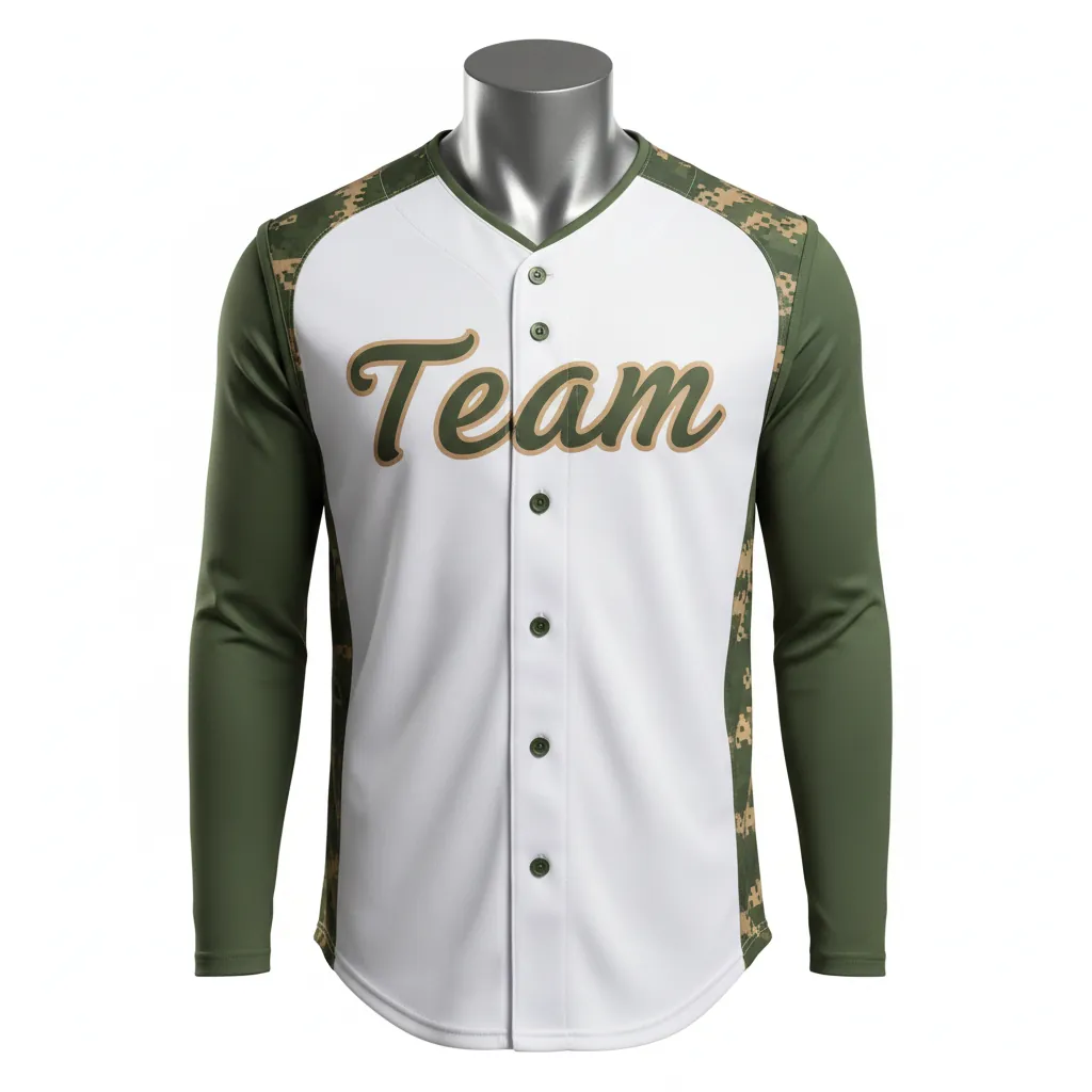 Custom Baseball Sleeveless Baseball Jersey - White, Green - Button Army Tan Camo Pattern Script - Front View - Kinexa Sportswear