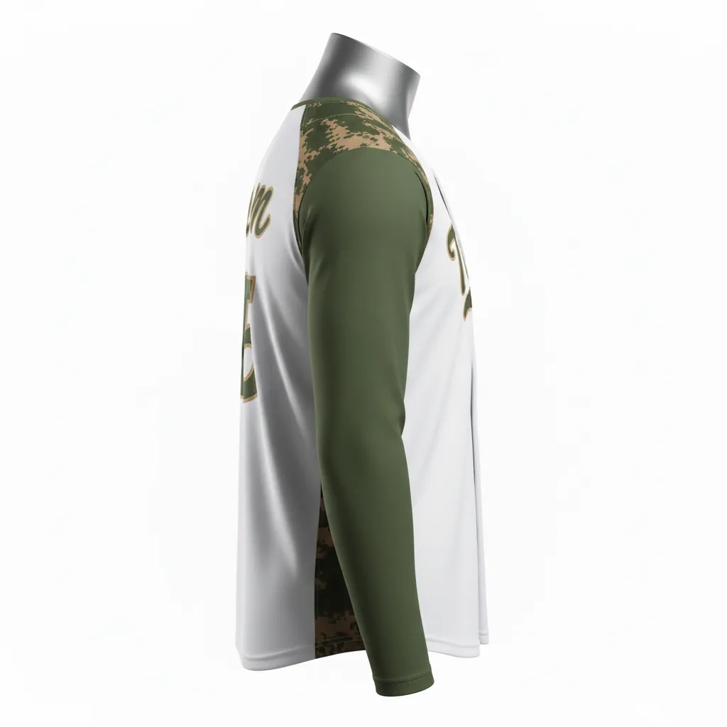 Custom Baseball Sleeveless Baseball Jersey - White, Green - Button Army Tan Camo Pattern Script - Side View - Kinexa Sportswear