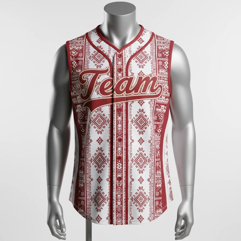 Custom Baseball Sleeveless Baseball Jersey - White, Red, Cream - Button Brick Heritage Design Script - Front View - Kinexa Sportswear