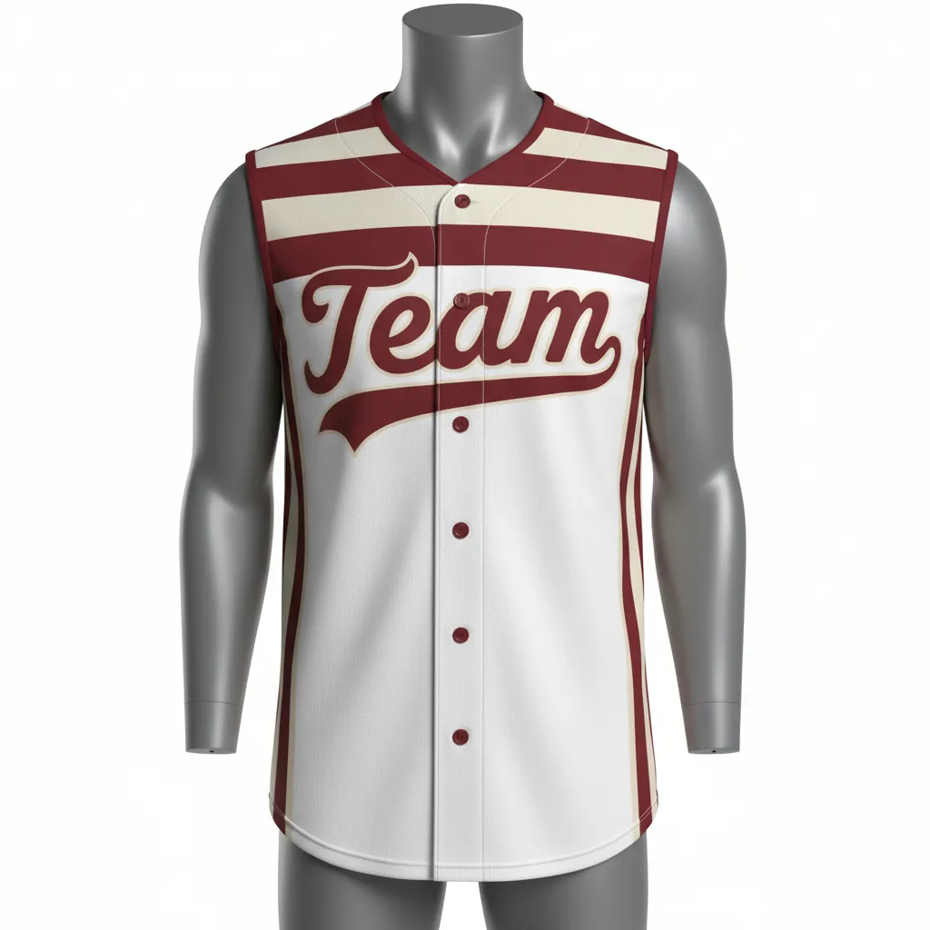 Custom Baseball Sleeveless Baseball Jersey - White, Burgundy, Cream - Button Vintage Stripes Script - Front View - Kinexa Sportswear