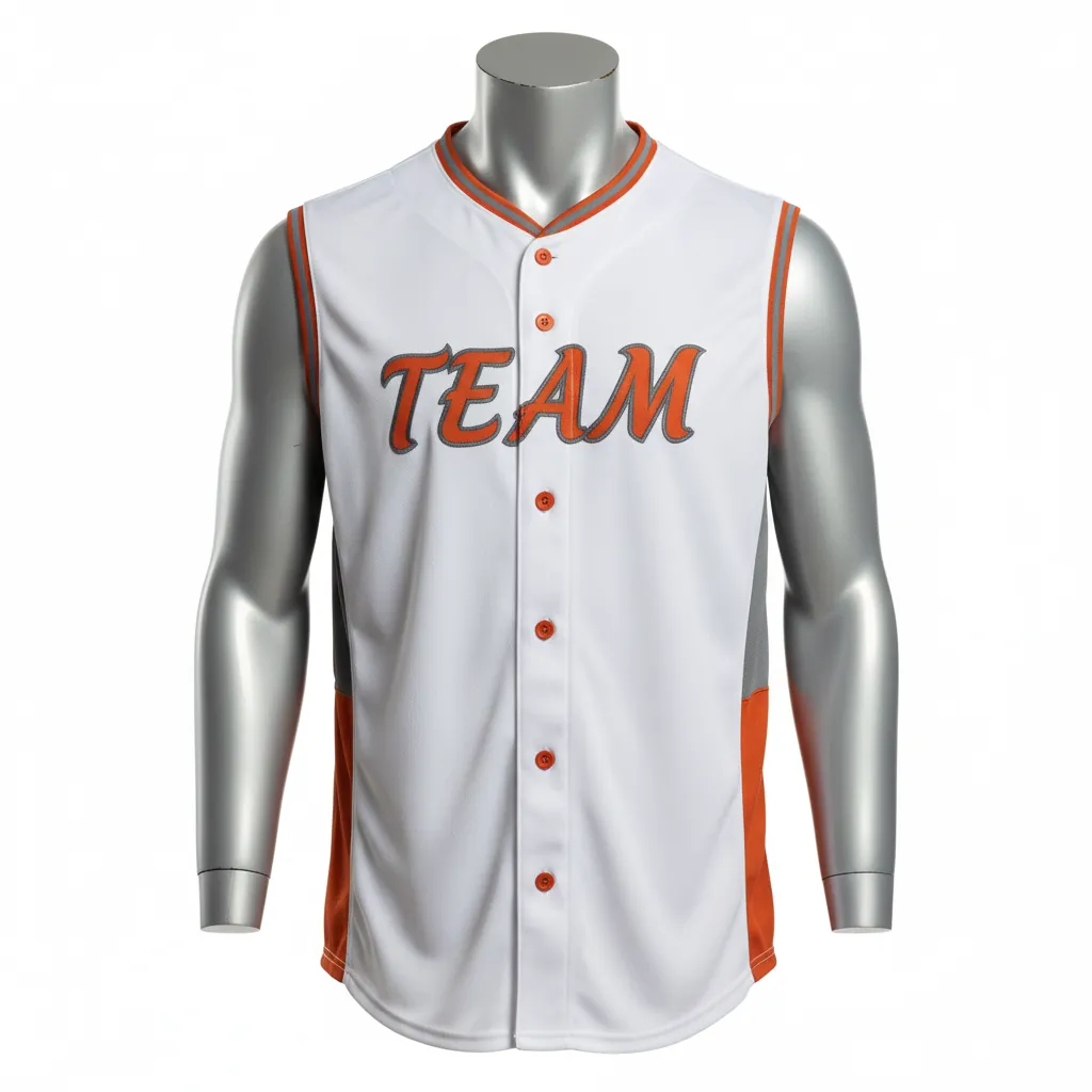 Custom Baseball Sleeveless Baseball Jersey - White, Burnt, Orange... - Button Side Panel Block Script - Front View - Kinexa Sportswear