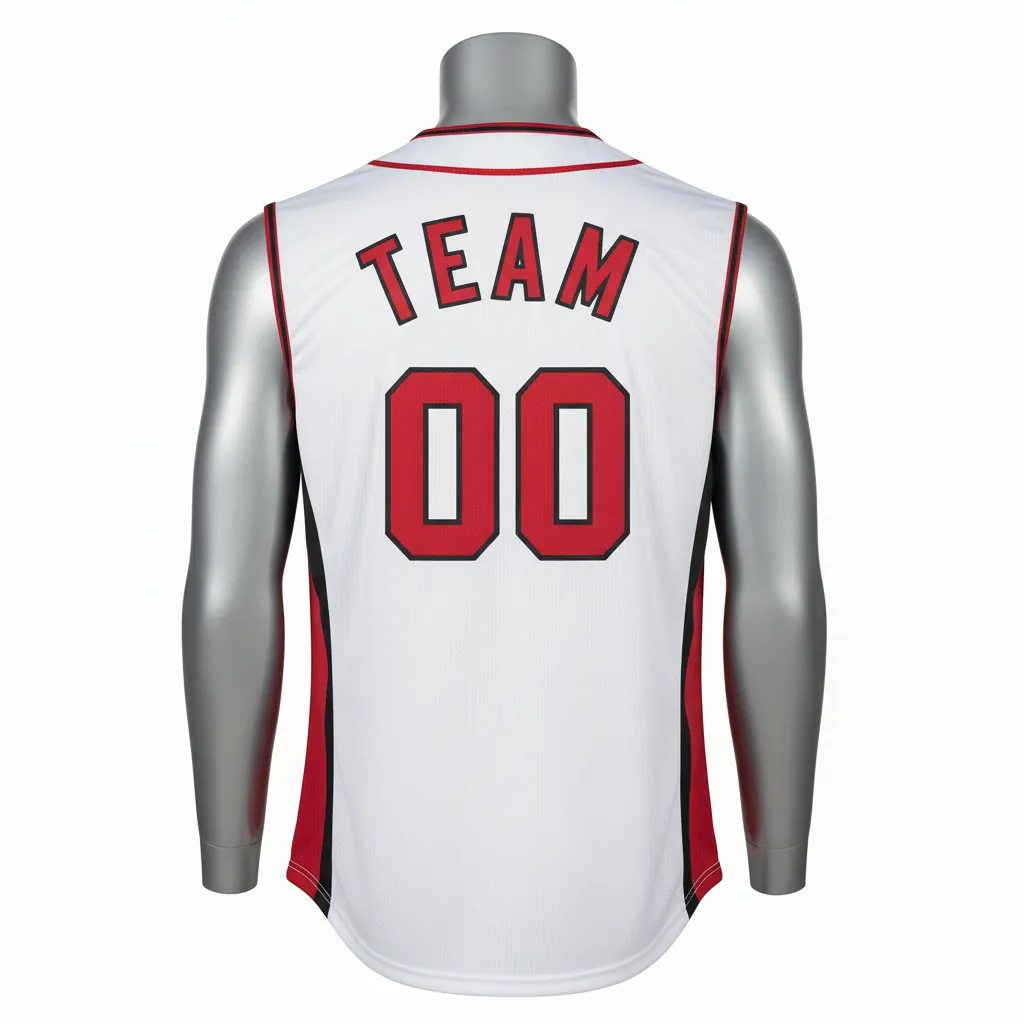 Custom Baseball Sleeveless Baseball Jersey - White, Red, Black - Button Cardinal Colorblock Script - Back View - Kinexa Sportswear