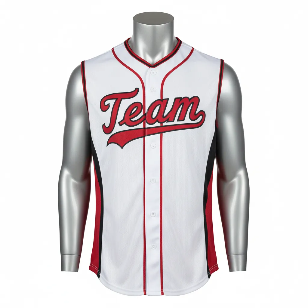 Custom Baseball Sleeveless Baseball Jersey - White, Red, Black - Button Cardinal Colorblock Script - Front View - Kinexa Sportswear
