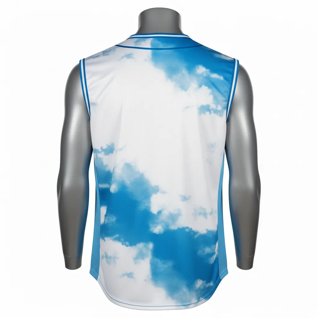 Custom Baseball Sleeveless Baseball Jersey - White, White - Button Cerulean Sky Clouds Script - Back View - Kinexa Sportswear