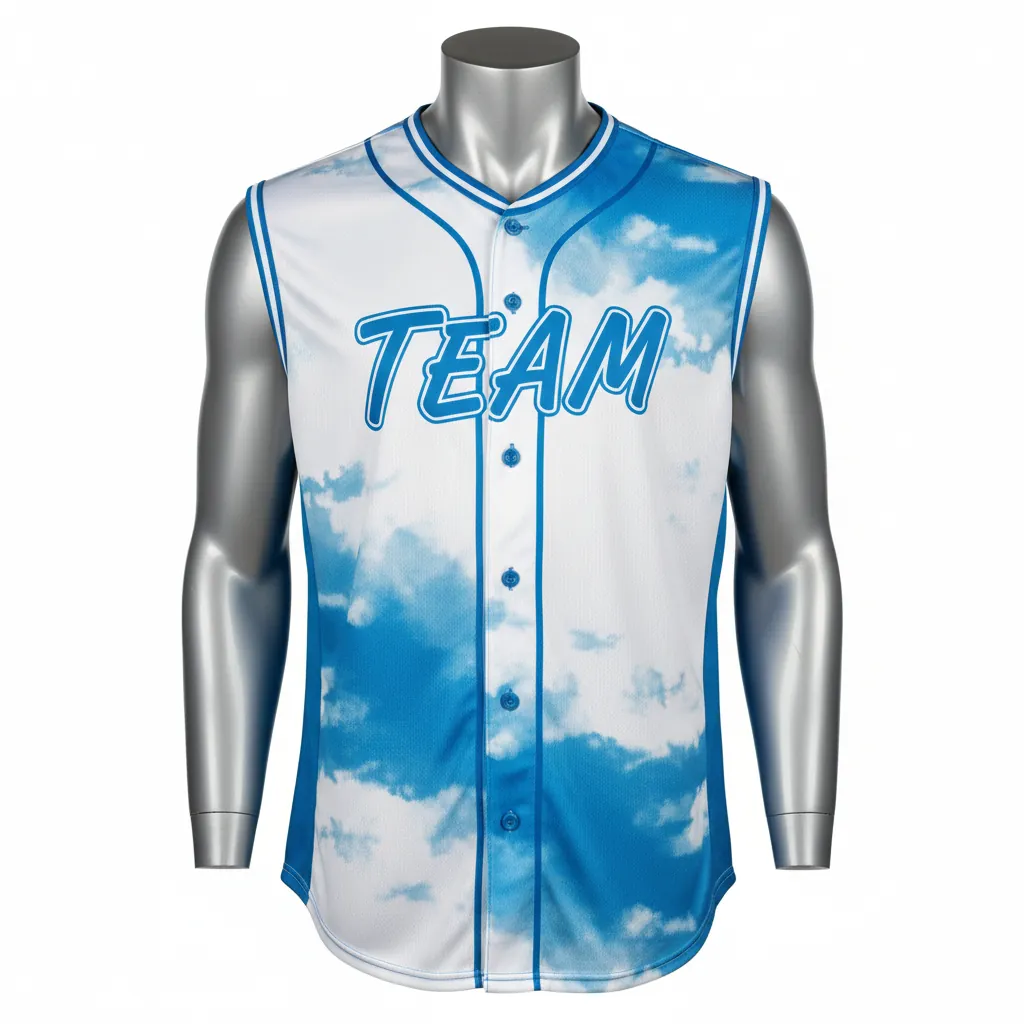 Custom Baseball Sleeveless Baseball Jersey - White, White - Button Cerulean Sky Clouds Script - Front View - Kinexa Sportswear