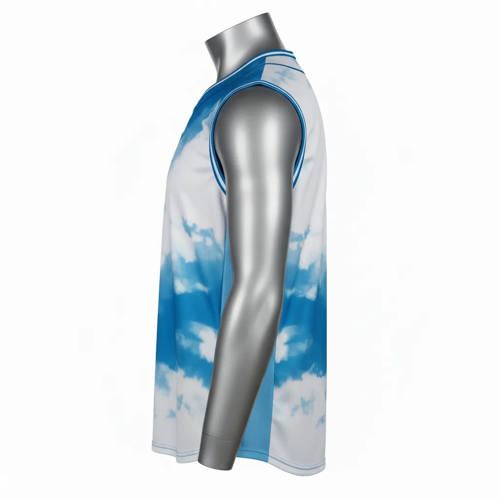 Custom Baseball Sleeveless Baseball Jersey - White, White - Button Cerulean Sky Clouds Script - Side View - Kinexa Sportswear