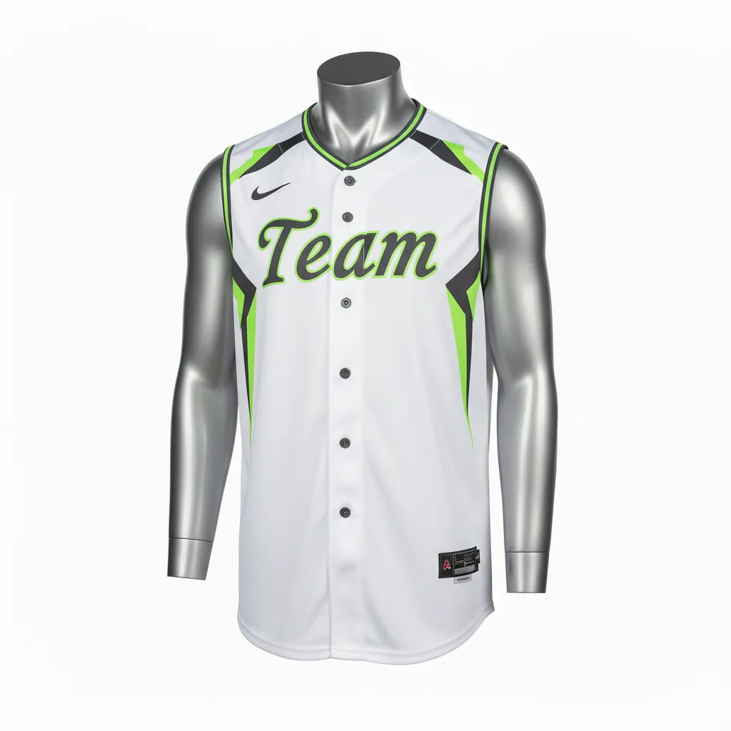 Custom Baseball Sleeveless Baseball Jersey - White, Green - Button Charcoal Neon Urban Blocks Script - Front View - Kinexa Sportswear