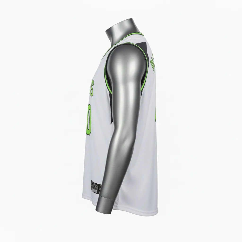 Custom Baseball Sleeveless Baseball Jersey - White, Green - Button Charcoal Neon Urban Blocks Script - Side View - Kinexa Sportswear
