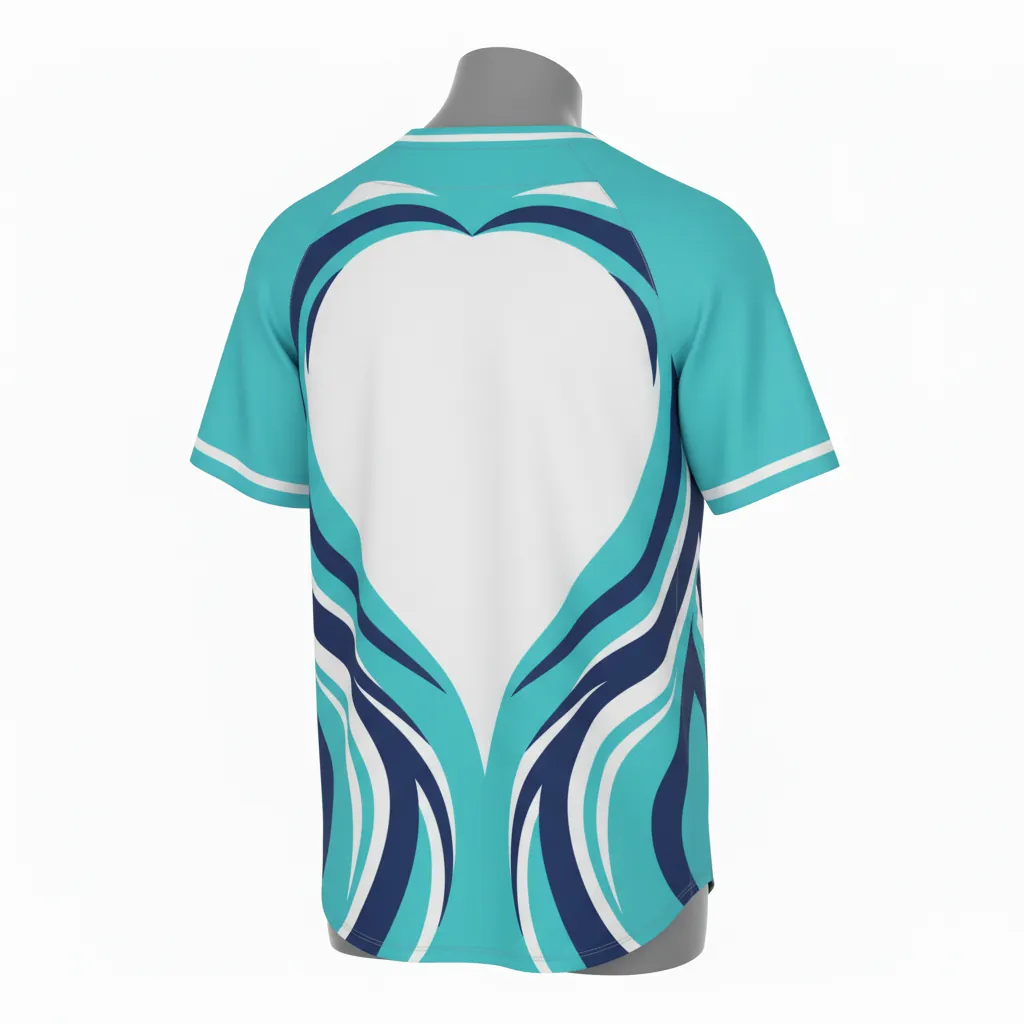 Custom Baseball V Neck Baseball Jersey - White, Navy - Aqua Wave Flow Script - Back View - Kinexa Sportswear