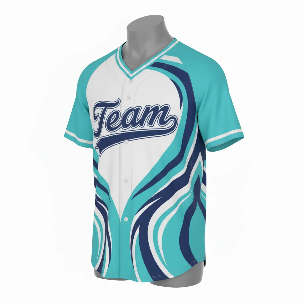 Custom Baseball V Neck Baseball Jersey - White, Navy - Aqua Wave Flow Script - Front View - Kinexa Sportswear