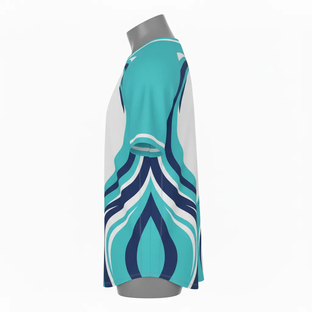 Custom Baseball V Neck Baseball Jersey - White, Navy - Aqua Wave Flow Script - Side View - Kinexa Sportswear
