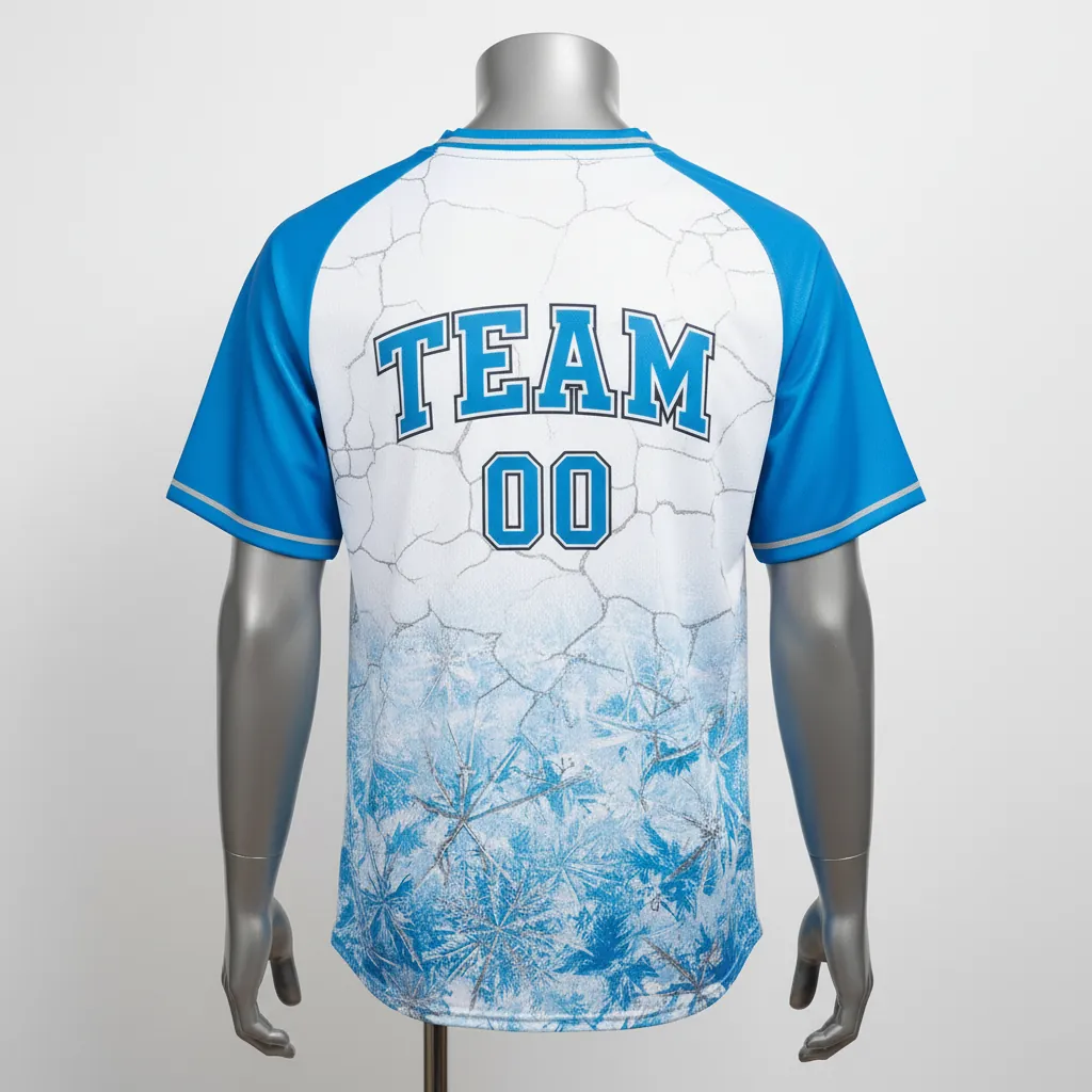 Custom Baseball V Neck Baseball Jersey - White, Blue, Silver - Arctic Ice Crystal Block - Back View - Kinexa Sportswear