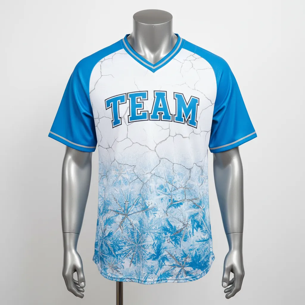 Custom Baseball V Neck Baseball Jersey - White, Blue, Silver - Arctic Ice Crystal Block - Front View - Kinexa Sportswear