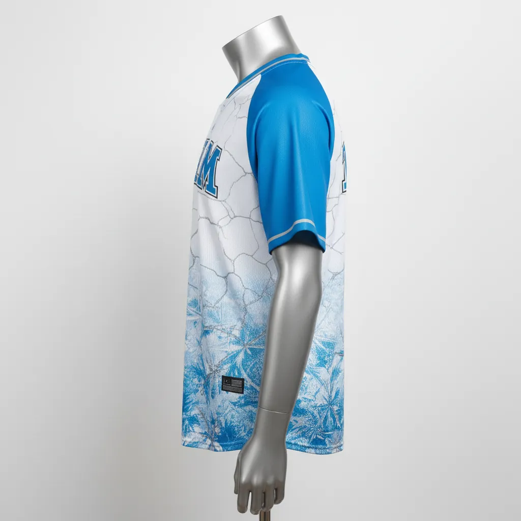 Custom Baseball V Neck Baseball Jersey - White, Blue, Silver - Arctic Ice Crystal Block - Side View - Kinexa Sportswear
