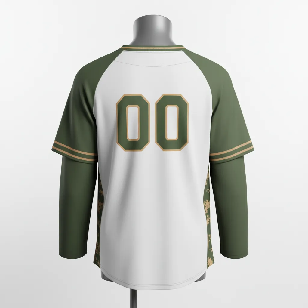 Custom Baseball V Neck Baseball Jersey - White, Green - Army Tan Camo Pattern Script - Back View - Kinexa Sportswear