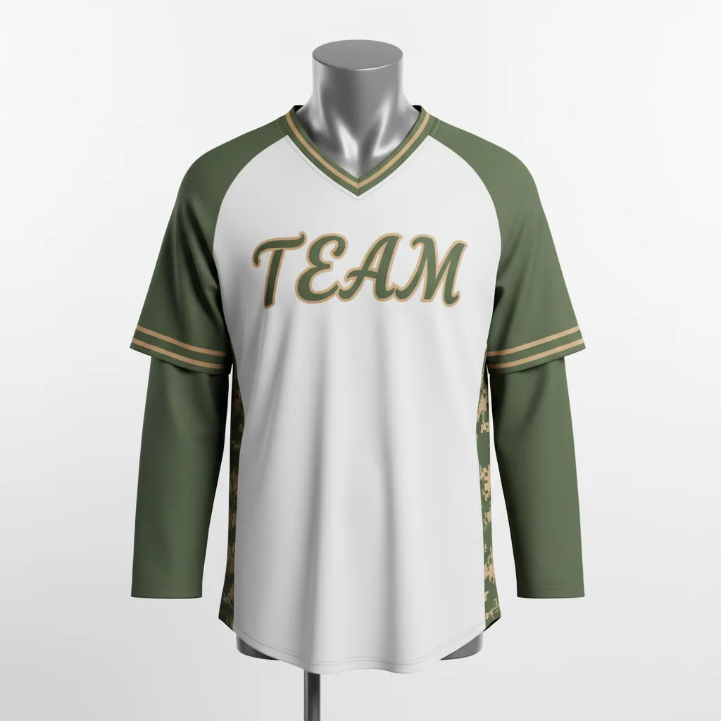 Custom Baseball V Neck Baseball Jersey - White, Green - Army Tan Camo Pattern Script - Front View - Kinexa Sportswear