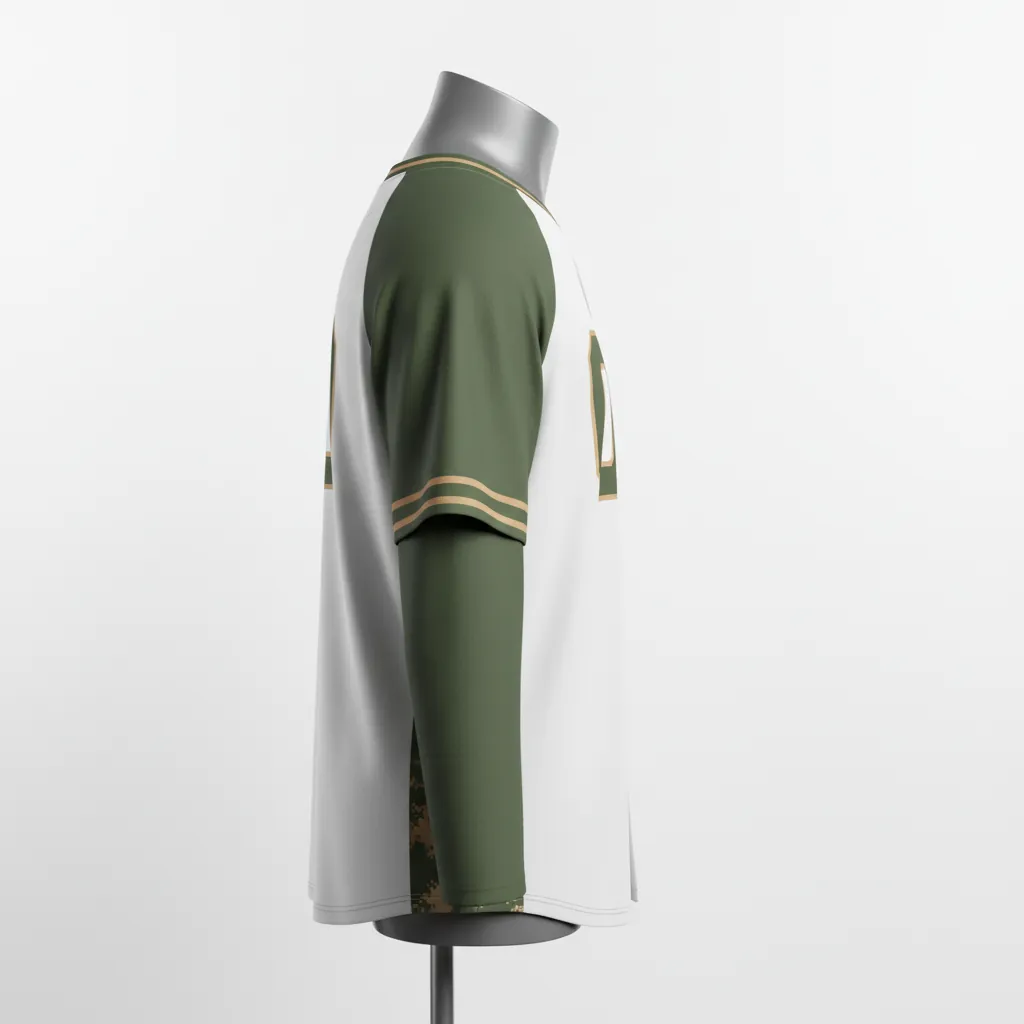 Custom Baseball V Neck Baseball Jersey - White, Green - Army Tan Camo Pattern Script - Side View - Kinexa Sportswear