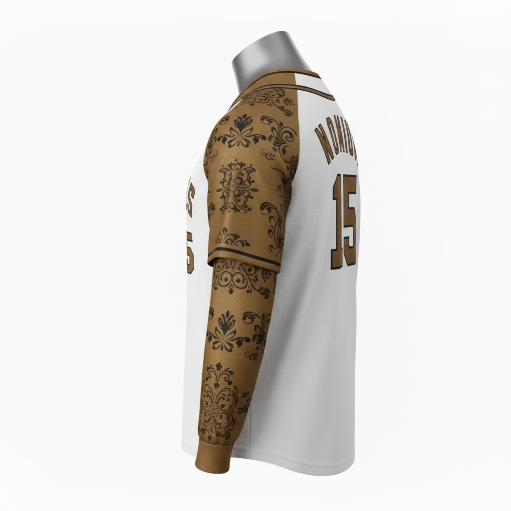 Custom Baseball V Neck Baseball Jersey - White, Black - Bronze Premium Accents Script - Side View - Kinexa Sportswear