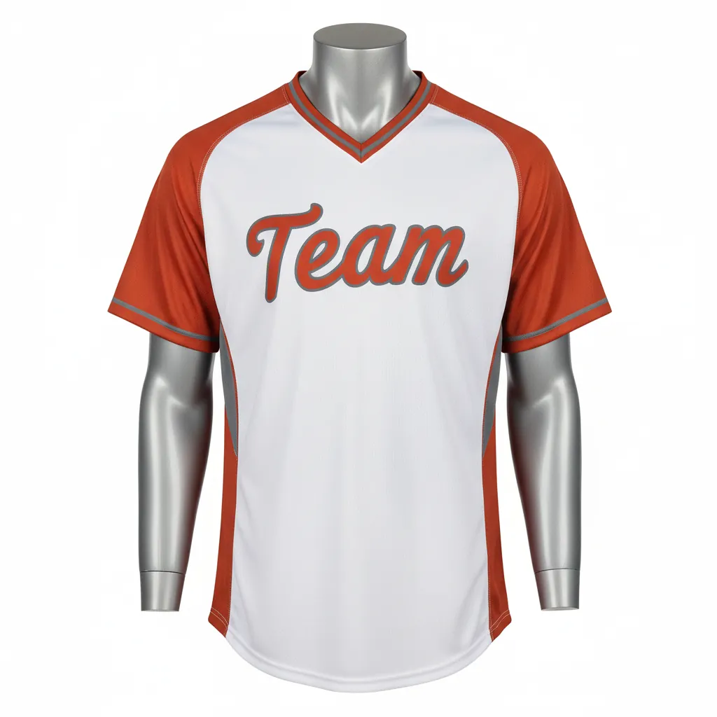 Custom Baseball V Neck Baseball Jersey - White, Burnt, Orange... - Side Panel Block Script - Front View - Kinexa Sportswear