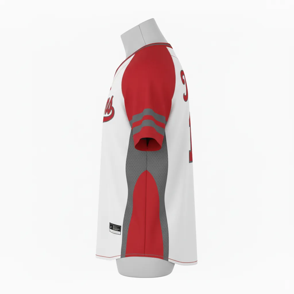 Custom Baseball V Neck Baseball Jersey - White, Grey - Cardinal Mesh Pattern Script - Side View - Kinexa Sportswear