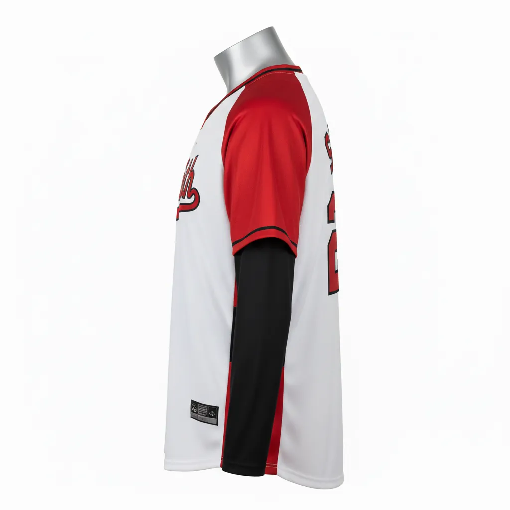Custom Baseball V Neck Baseball Jersey - White, Red, Black - Cardinal Colorblock Script - Side View - Kinexa Sportswear