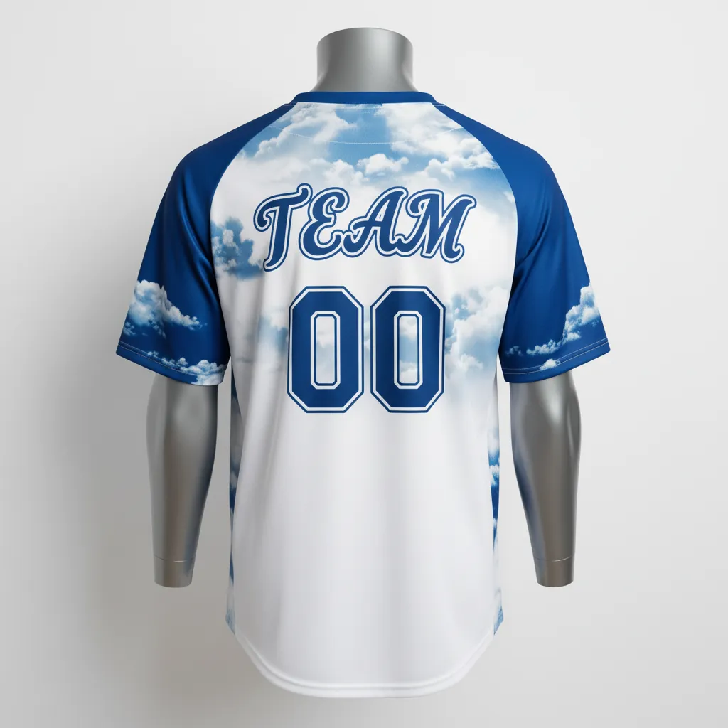 Custom Baseball V Neck Baseball Jersey - White, White - Cerulean Sky Clouds Script - Back View - Kinexa Sportswear