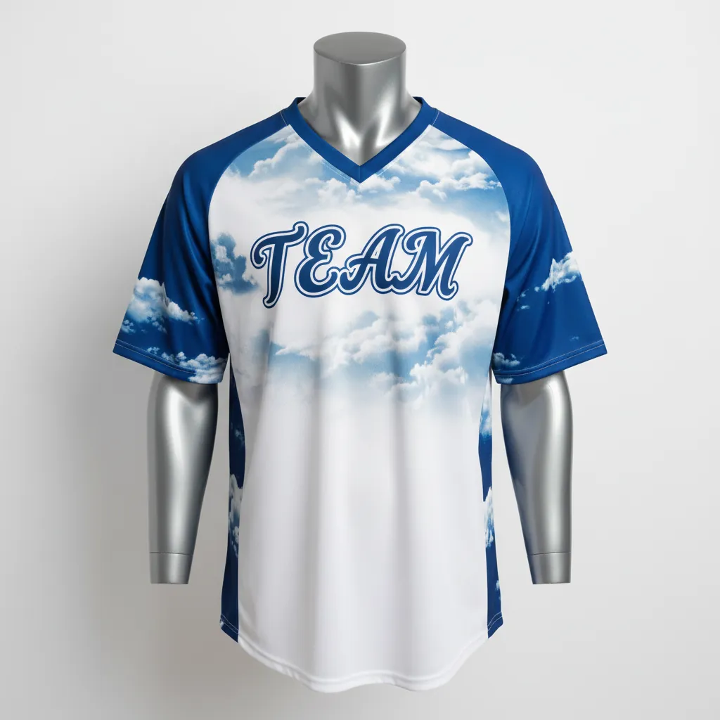 Custom Baseball V Neck Baseball Jersey - White, White - Cerulean Sky Clouds Script - Front View - Kinexa Sportswear