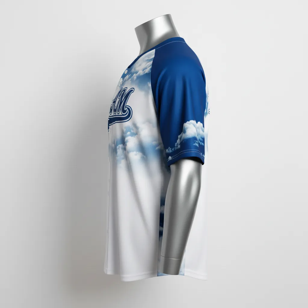 Custom Baseball V Neck Baseball Jersey - White, White - Cerulean Sky Clouds Script - Side View - Kinexa Sportswear