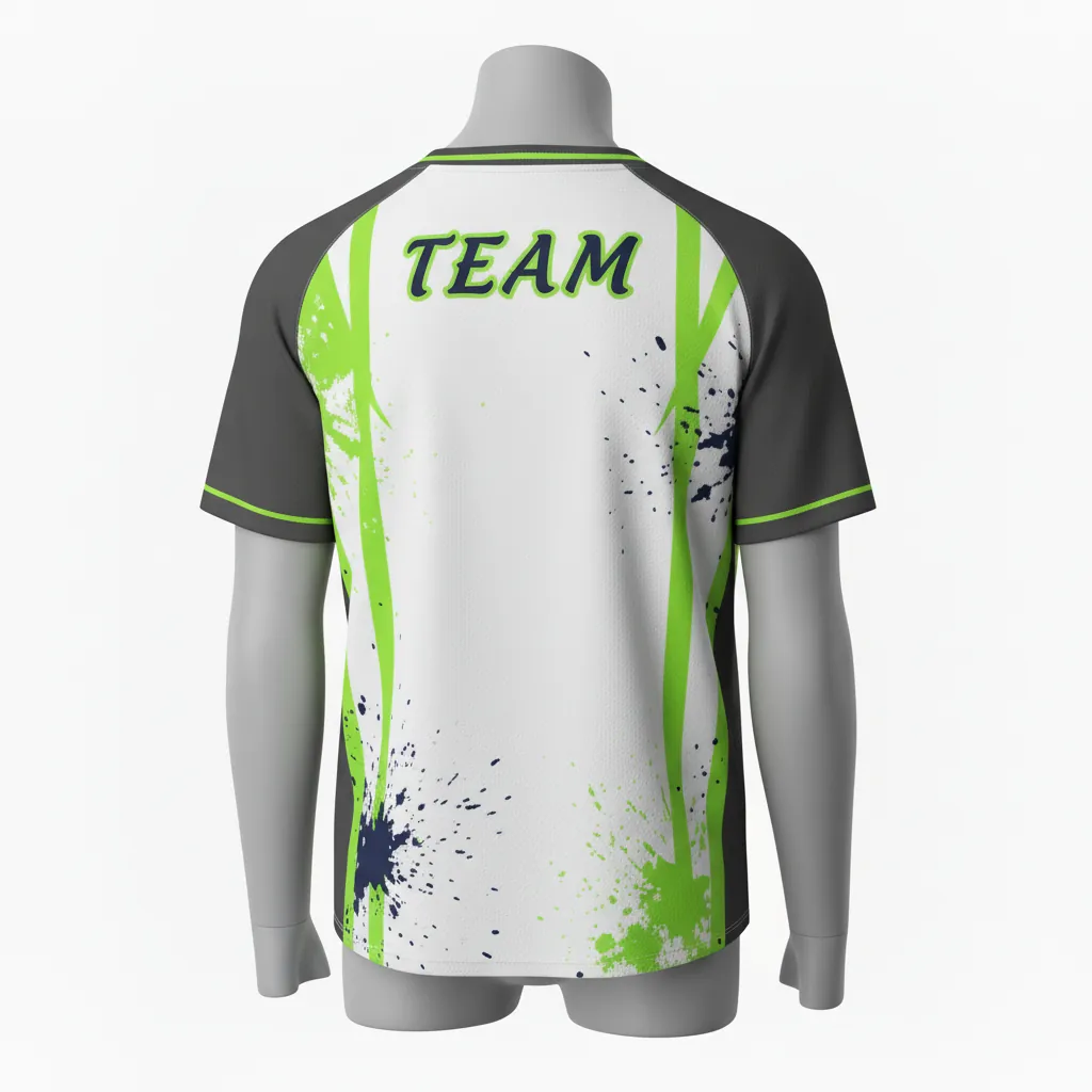 Custom Baseball V Neck Baseball Jersey - White, Green - Charcoal Neon Urban Blocks Script - Back View - Kinexa Sportswear