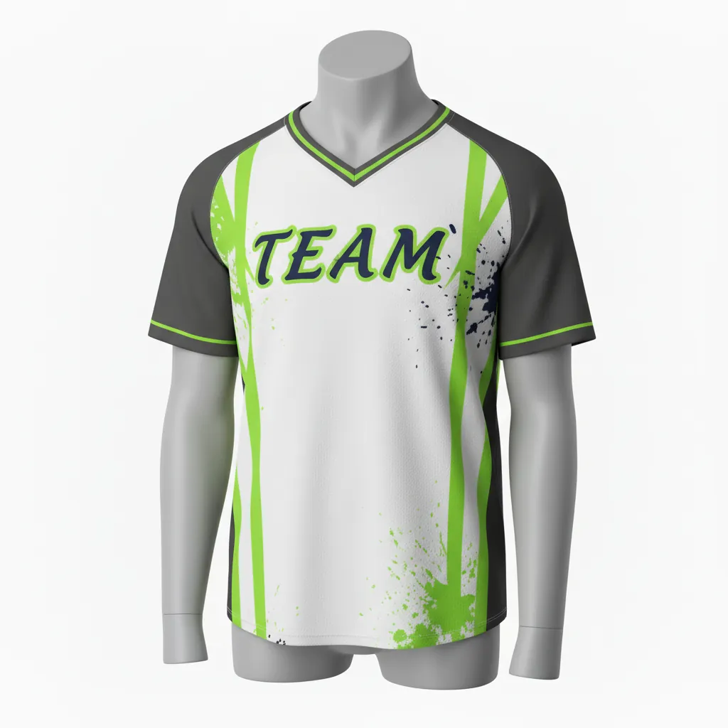 Custom Baseball V Neck Baseball Jersey - White, Green - Charcoal Neon Urban Blocks Script - Front View - Kinexa Sportswear