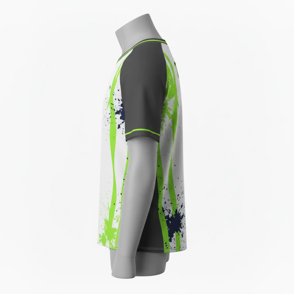Custom Baseball V Neck Baseball Jersey - White, Green - Charcoal Neon Urban Blocks Script - Side View - Kinexa Sportswear