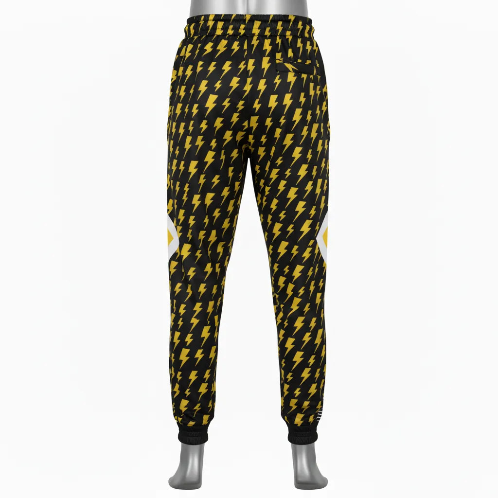 Custom Basketball Basketball Joggers - Black, Yellow - Lightning Pattern - Back View - Kinexa Sportswear