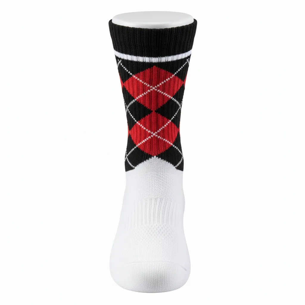 Custom Basketball Basketball Socks - White, Black, Red - Argyle - Front View - Kinexa Sportswear
