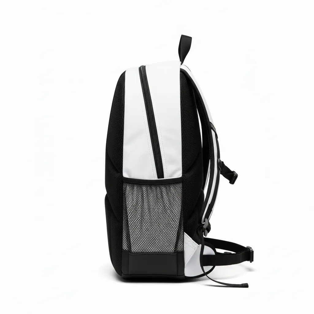 Custom Basketball Basketball Team Backpack - White, Black, White - Bottom Block - Side View - Kinexa Sportswear